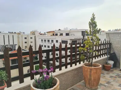 a balcony with two potted plants and a fence at Khalda Rooftop Apt. in Amman