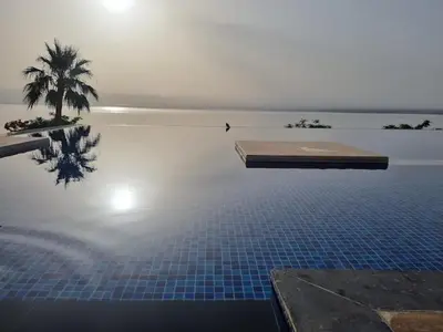 a swimming pool with a palm tree in the water at Apartment at Samarah Dead Sea Resort APT D-09 in Sowayma