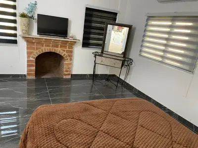 a room with a fireplace and a bed and a television at huseein rooms in Jerash