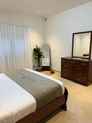 a bedroom with a bed and a dresser and a mirror at Oak Farm Ajloun مزرعة البلوط عجلون in Ajloun