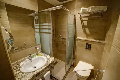 a bathroom with a sink and a toilet and a shower at De-Lara hotel in Aqaba