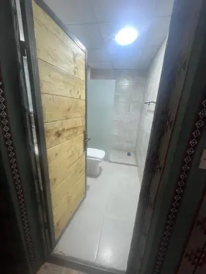 a bathroom with a toilet and a wooden door at Lulua luxury camp in Wadi Rum