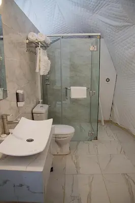 a bathroom with a shower and a toilet and a sink at Desert Season Luxury Camp Wadi Rum Boutique Tents & Stargazing in Wadi Rum