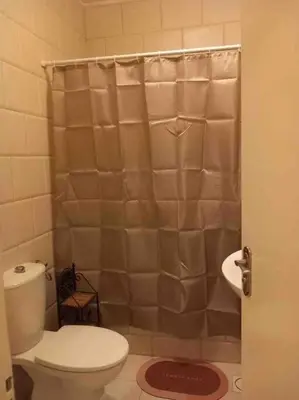 a bathroom with a toilet and a shower curtain at Charming Apartment in Shmeisani in Amman