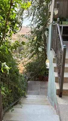 a stairway leading up to a house with flowers at Simple home in Madaba