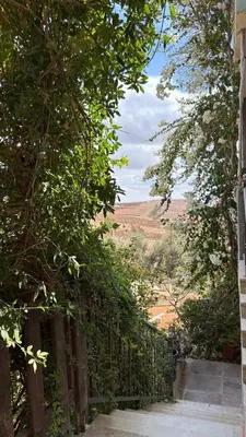 a building with a hallway with trees and a view at Simple home in Madaba