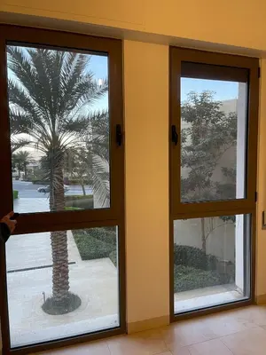 a palm tree is seen through a window at Alraha VIP Marsa zayed Aqaba in Aqaba
