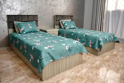 a bedroom with two beds with green comforters at Treasure of Petra in Wadi Musa