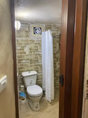a bathroom with a toilet and a stone wall at Pink city cottage in Wadi Musa