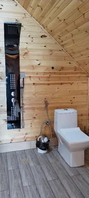 a bathroom with a toilet in a wooden wall at Widian al-sham huts in Jerash
