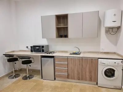 a kitchen with a sink and a washing machine at Downtown Living Boutique Apartments in Amman