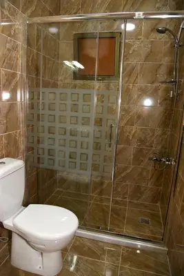 a bathroom with a toilet and a shower at Karam Inn in Aqaba
