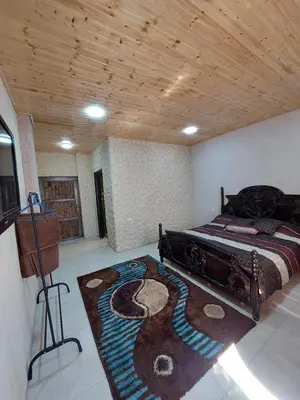 a bedroom with a bed in a room with a rug at Green Garden Rooftop in Madaba