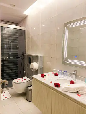 a bathroom with a toilet and a sink with roses on it at Rival Hotel Amman in Amman