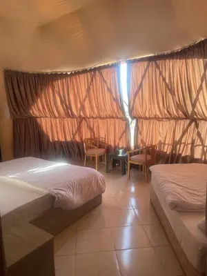 a bedroom with two beds and a table and a window at Wadi Rum Desert Bedouins in Wadi Rum