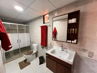 a bathroom with a toilet and a sink at Wadi Rum Time in Wadi Rum