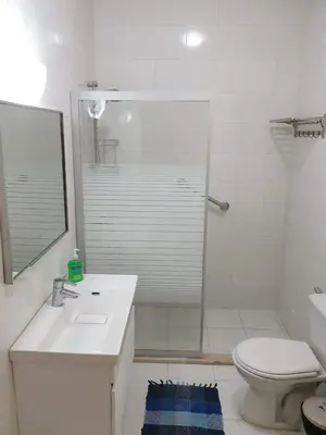 a bathroom with a shower and a toilet and a sink at Talabay Top cosy 3 bedroom apartment in Aqaba