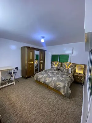 a bedroom with a bed and a desk in it at شقه مفروشه مميزه in Irbid