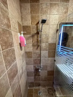 a bathroom with a shower with a pink soap dispenser at 2/ Antica jabalal-lwebdeh in Amman