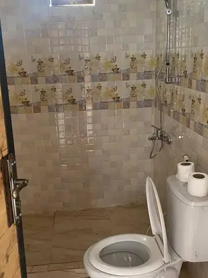 a bathroom with a toilet and a tiled wall at Lucas Camp Wadi Rum in Wadi Rum