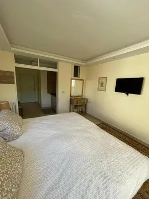 a bedroom with a large white bed and a flat screen tv at Classy Guesthouse in Madaba