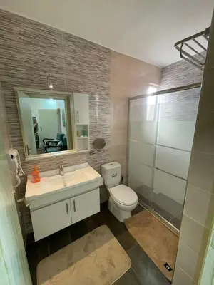 a bathroom with a toilet and a sink and a mirror at Classy Guesthouse in Madaba