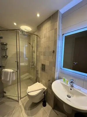 a bathroom with a shower and a toilet and a sink at Alshakreen suites in Amman