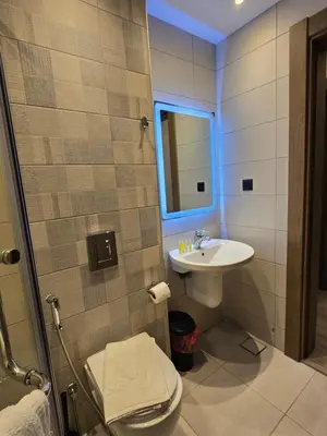 a bathroom with a sink and a toilet and a mirror at Alshakreen suites in Amman
