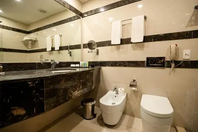 a bathroom with a white toilet and a sink at East hotel in Sowayma