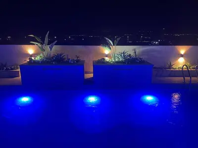 two pots with plants in them with lights at night at Deadsea Elite First floor shared swimming pool in Sowayma