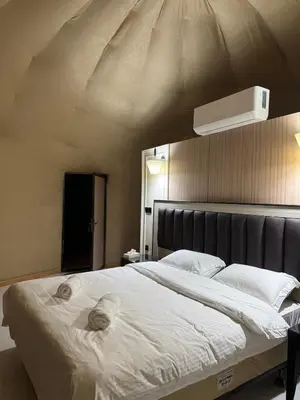 a bedroom with a large white bed with a roof at Glow of Wadi Rum Camp in Wadi Rum
