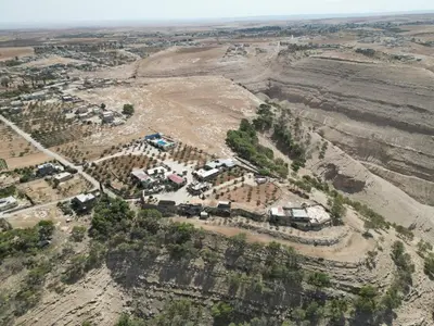 an aerial view of a camp site in the desert at Heritige Inn Jordan in Ad Dimnah