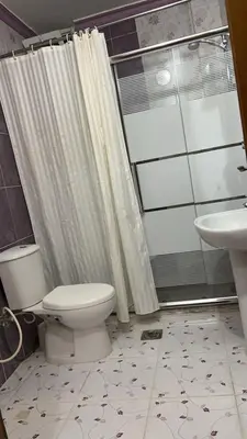a bathroom with a toilet and a shower and a sink at شقه مفروشه مع حديقه اربد بجانب فندق فلامنجو ومدارس دار العلوم in Irbid