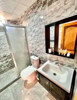 a bathroom with a sink and a toilet and a shower at Desert Boulevard Camp in Wadi Rum