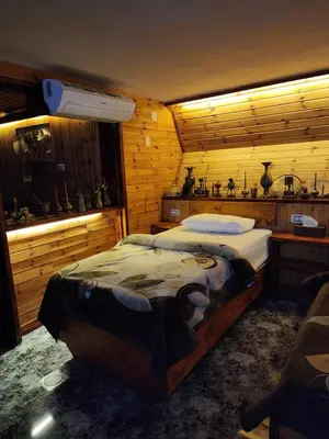 a bedroom with a large bed in a wooden room at Mickey Mouse studio in Jerash
