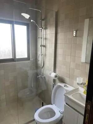 a bathroom with a shower and a toilet and a sink at Deadsea Elite second floor shared swimming pool in Sowayma