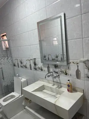 a bathroom with a sink and a mirror and a toilet at Airport Villa Amman in Amman