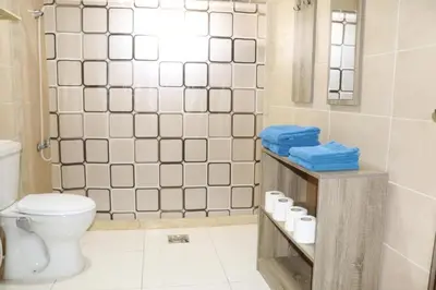 a bathroom with a toilet and a shower at Salvador Dali Apartments in Amman