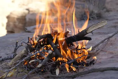 a fire is burning on the beach at Dana Guesthouse in Dana
