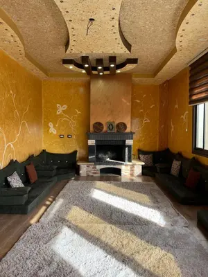 a living room with a couch and a fireplace at Bedouin family home in Wadi Musa