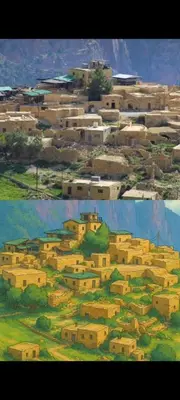 a painting of a village with houses on a hill at Dana Village Lodge in Dana
