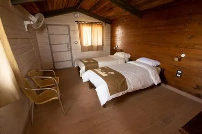 a bedroom with two beds in a wooden cabin at Ajloun Forest Reserve in Jerash