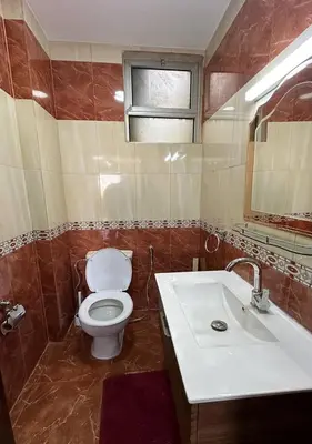 a bathroom with a toilet and a sink at Tlaa al ali amman 3 rooms furnished apartment المحكمة الدستورية in Umm Uthainah