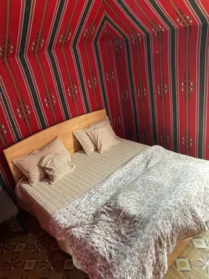 a bed in a room with a red wall at Wadi rum stay & tours in Wadi Rum