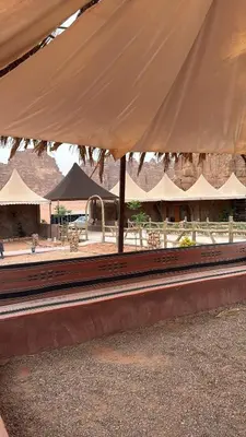 a group of umbrellas and tables in a field at Desert Oasis Lodge in Wadi Rum in Disah