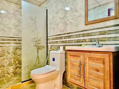 a bathroom with a toilet and a sink at Desert Oasis Lodge in Wadi Rum in Disah