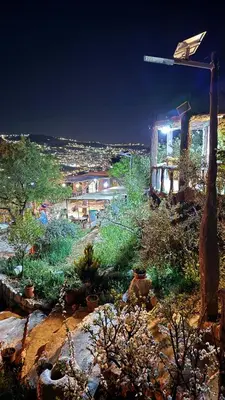 a view of a garden at night with a street light at منتزه واكواخ كركوش in Ajloun
