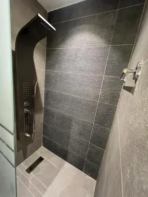 a bathroom with a shower with black tile at Casa De Centre 1 in Amman