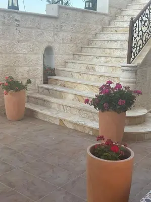 two flower pots with flowers in them next to some stairs at Sunset Balcony Retreat - Spacious and Comfortable 2 Bedrooms 2 Bathrooms in Amman