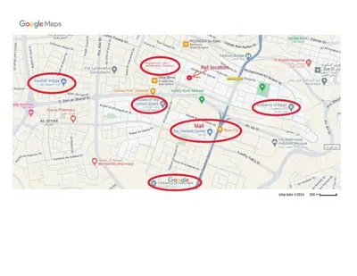 a map with red circles on it at Elite Abdoun area, Amman, 2 Br, 5 guests in Umm Uthainah